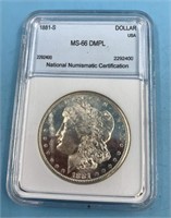 Morgan silver dollar,  1881 S, graded MS66 by NNC