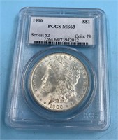 Morgan silver dollar,  1900, graded MS63 by PCGS