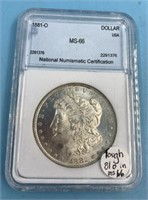 Morgan silver dollar,  1881 O, graded MS66 by NNC