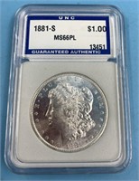 Morgan silver dollar,  1881 S, graded MS66 by UNC