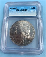 Morgan silver dollar, 1883 O, graded MS64 by ICG