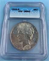 1923 Peace silver dollar, graded MS63 by ICG