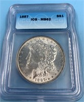 1887 Morgan silver dollar, graded MS62 by PCGS