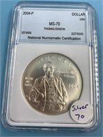2004 Thomas Edison silver dollar MS70 by NNC