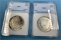 2 Graded silver Mexican pesos: 1925 M, MS62 and 19
