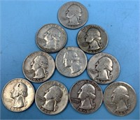 10 Silver Washington quarters, pre 1965, assorted