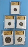 5 Graded coins: 1980 P Kennedy half, quarter, nick
