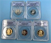 Five 2008 S Graded coins, all PR70DCAM by ANACS, p