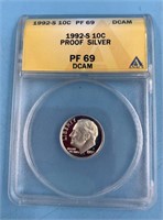 1992S silver Roosevelt dime PF69DCAM  Anacs