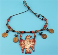 Hand made necklace with enameled center piece, Hud