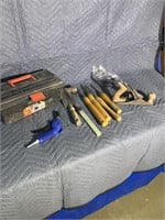Plastic toolbox, blowgun, wood turning chisels,