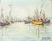 Eduardo Induni Oil on Board Harbor Scene