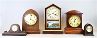 Grouping of Five Wood Mantle Clocks