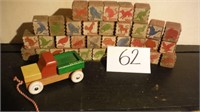 Vintage wood blocks and toy trunk
