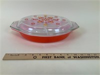 Red Pyrex Divided Piece W/lid, & Bird Graphics