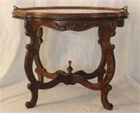 Antique Wooden Table w/ hand carved top w/ glass