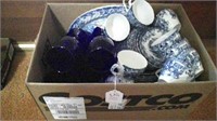 blue and white dishes/blue glassware