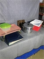 Small cooler, photo album, clock, serving tray,