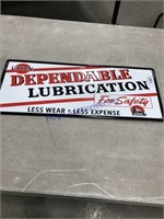 DEPENDABLE LUBRICATION TIN SIGN, 9.5 X 23.5"