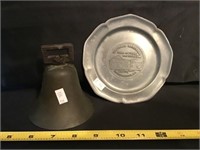 Brass bell and baseball hall of frame pewter tray