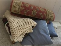 Rug, throw pillows, blankets