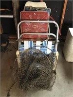 Folding chair, fish trap damaged, chair, cushions
