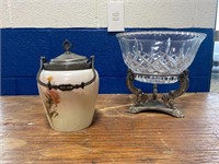Footed Glass Bowl & Lidded Painted Glass Jar