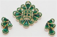 Vintage Brooch and Clip Earrings - Emerald Green