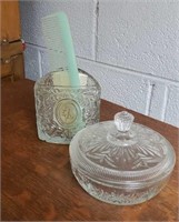 Glass brush holder and glass dish with lid