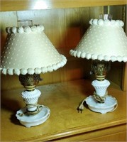 Pair of Hobnail white side lamps approx 15 inches