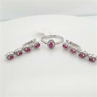 SILVER RUBY EARRING AND RING  SET (~SIZE 9)