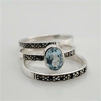 SILVER MARCASITE AND BLUE TOPAZ  RING (~SIZE