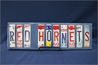 Blue-Red Hornet Wooden License Plate Sign