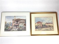 2 Framed Watercolors Italian Village Farm Scenes