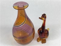 Vintage Amber Art Glass Goose & Vase