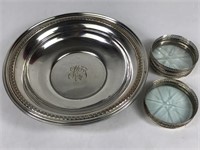 Sterling Silver Bowl & 5 Coasters