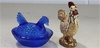 Rucinni Jeweled Rooster/Blue Glass Chicken on Nest