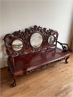 Chinese Rosewood & Marble Insert Dragon Bench