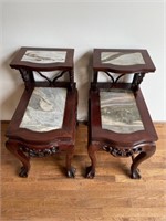 Pair Chinese Rosewood & Marble Insert Nightstands