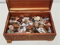 Polished Agates & Stones In Carved Wood Box