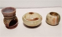 Carved Stone Candle Holder, Small Bowl & Warmer