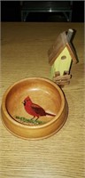 Cardinal Wood Dish and Mini Birdhouse