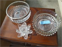 2 glass bowls and candle holder