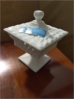 Square shaped milk glass lidded dish