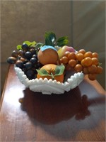 Milk glass fruit bowl with plastic fruit