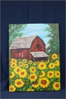 Red Barn & Sunflowers Painting