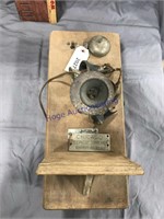 WOOD WALL PHONE, 8"W X18.5"T X 5.5"D, NEEDS REPAIR