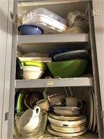 Lot of 3 shelves of Misc kitchen dishes and items