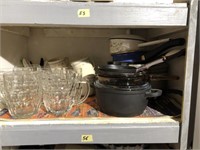 Shelf of kitchen pans w/ misc items included