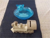 Blue Cat Dish & Train Piggy Bank